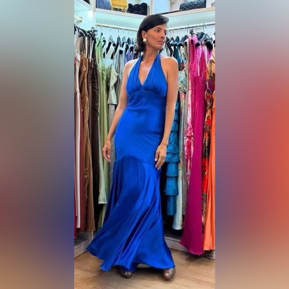 Cache Vintage Royal Blue V-Neck Silk Evening Floor Length Dress 4 Four Y2k